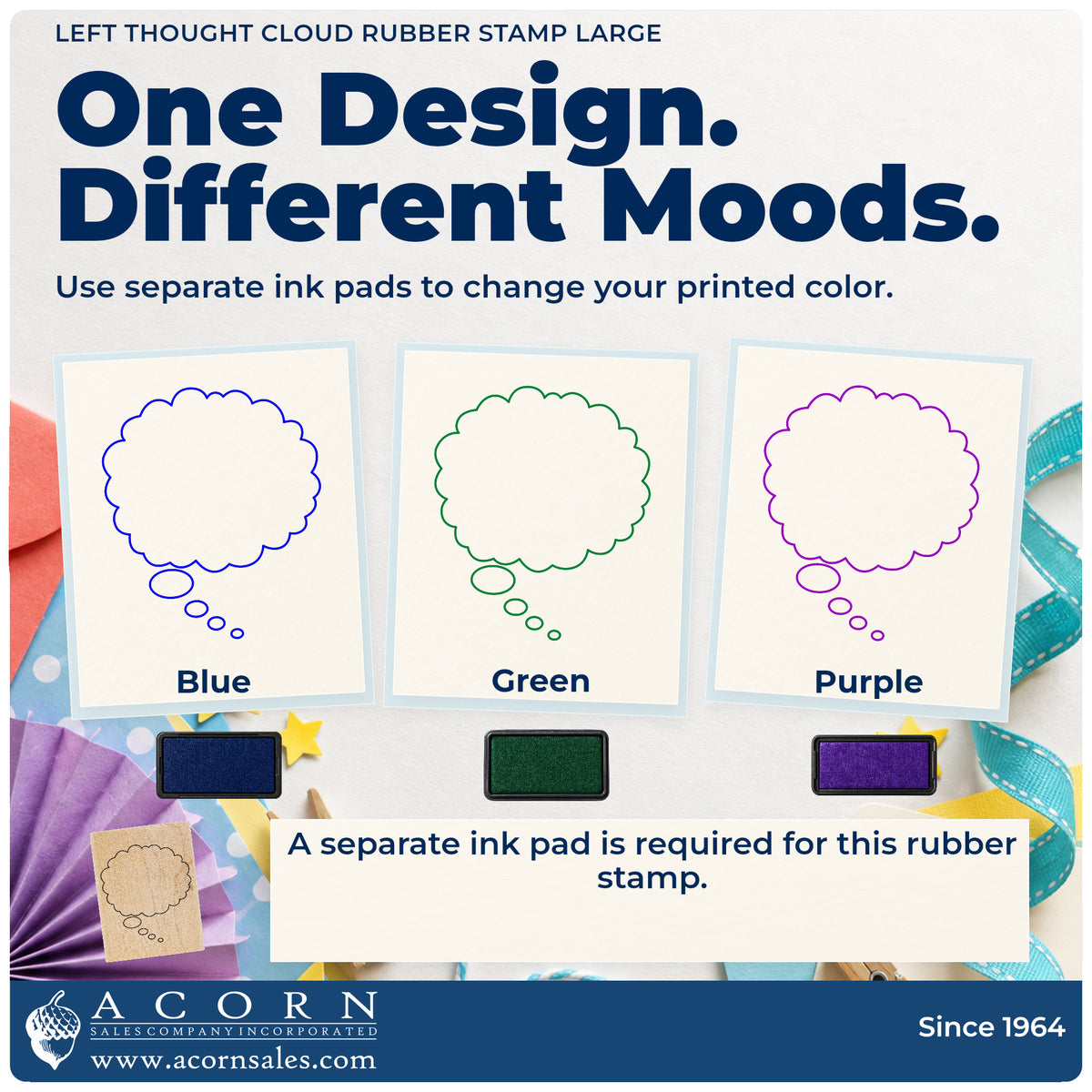 Left Thought Cloud Rubber Stamp Large ink-color infographic comparing three single-color impressions and a separate ink pad.