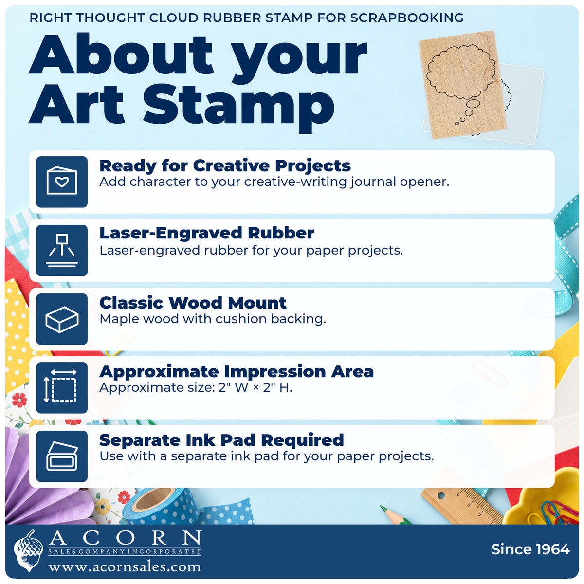 Right Thought Cloud Rubber Stamp for Scrapbooking feature guide covering the wood mount, rubber construction, approximate size and separate ink pad.