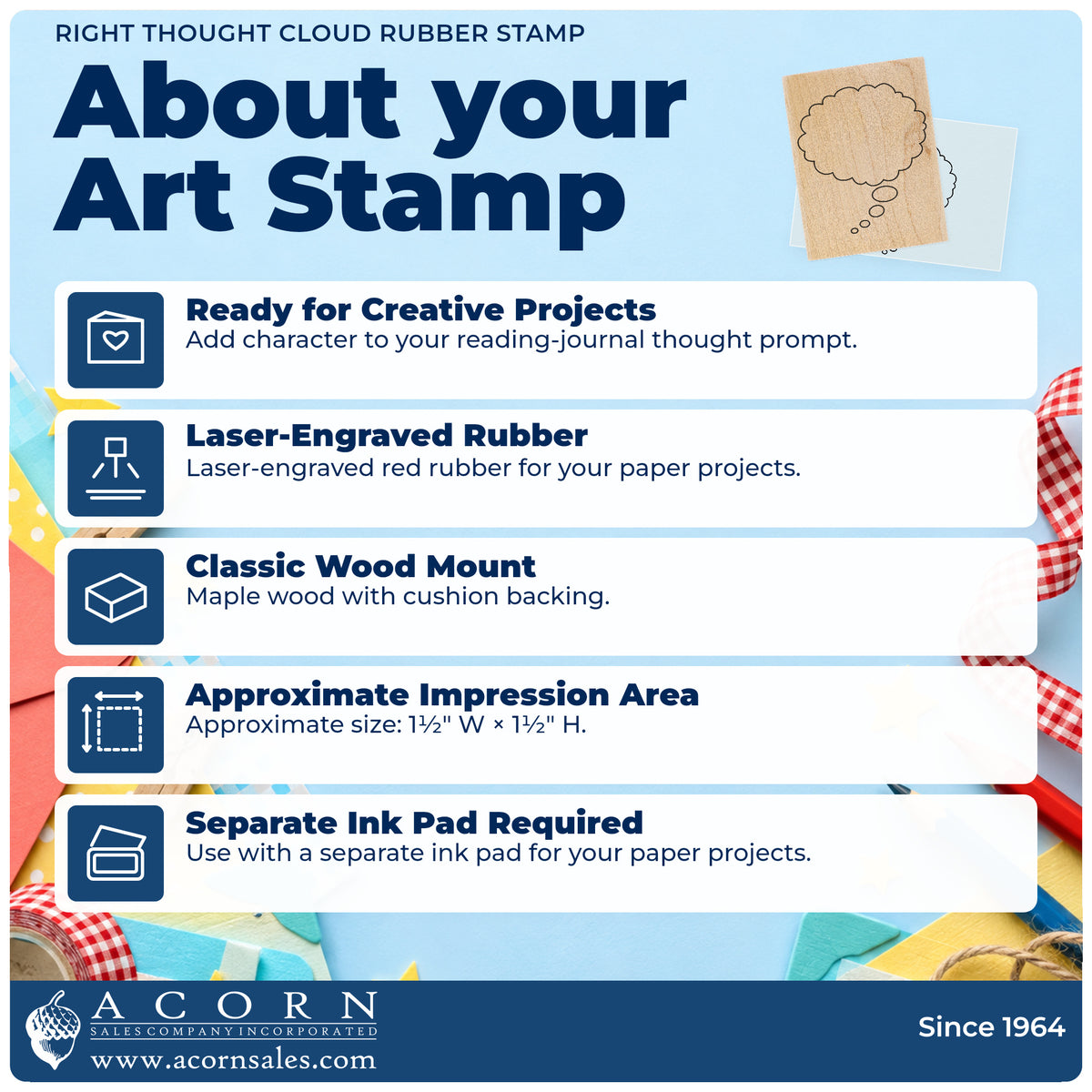 Right Thought Cloud Rubber Stamp feature guide covering the wood mount, rubber construction, approximate size and separate ink pad.