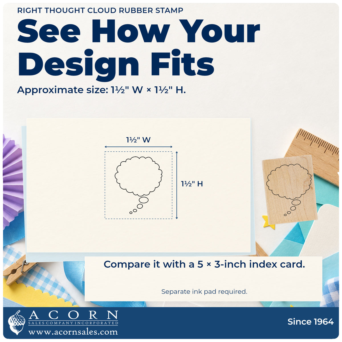 Right Thought Cloud Rubber Stamp impression-size guide showing the design on a paper reference with dimension labels.