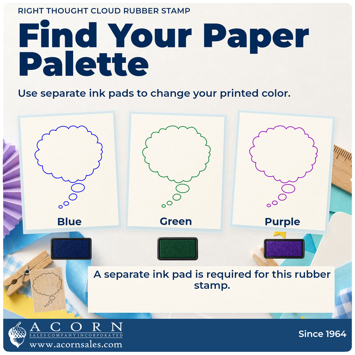Right Thought Cloud Rubber Stamp ink-color infographic comparing three single-color impressions and a separate ink pad.