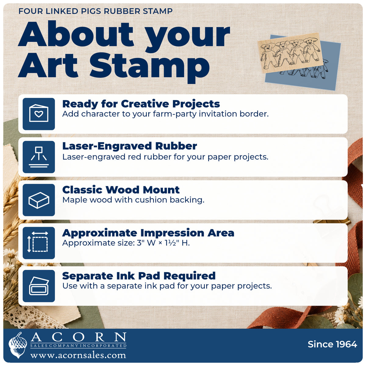 Four Linked Pigs Rubber Stamp feature guide covering the wood mount, rubber construction, approximate size and separate ink pad.