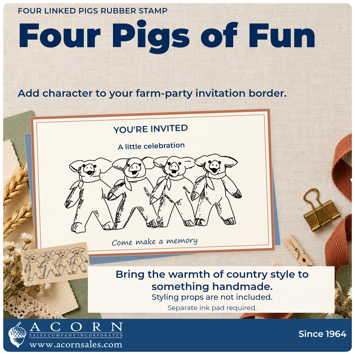Four Linked Pigs Rubber Stamp project inspiration: farm party invitation border.