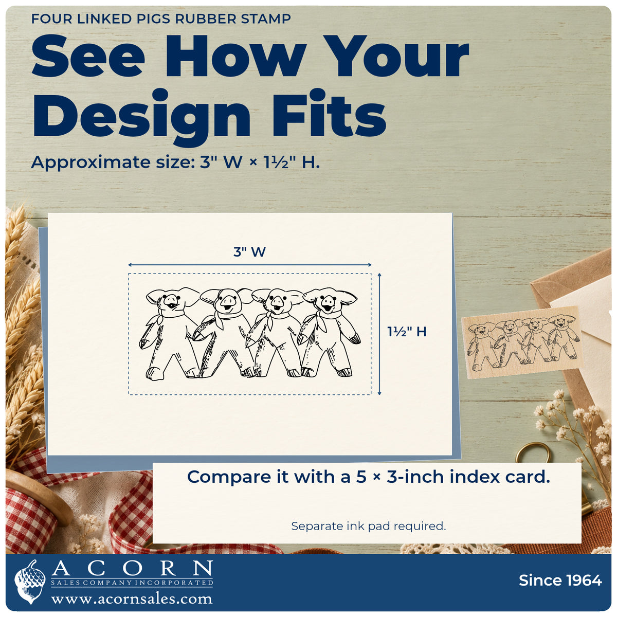 Four Linked Pigs Rubber Stamp impression-size guide showing the design on a paper reference with dimension labels.