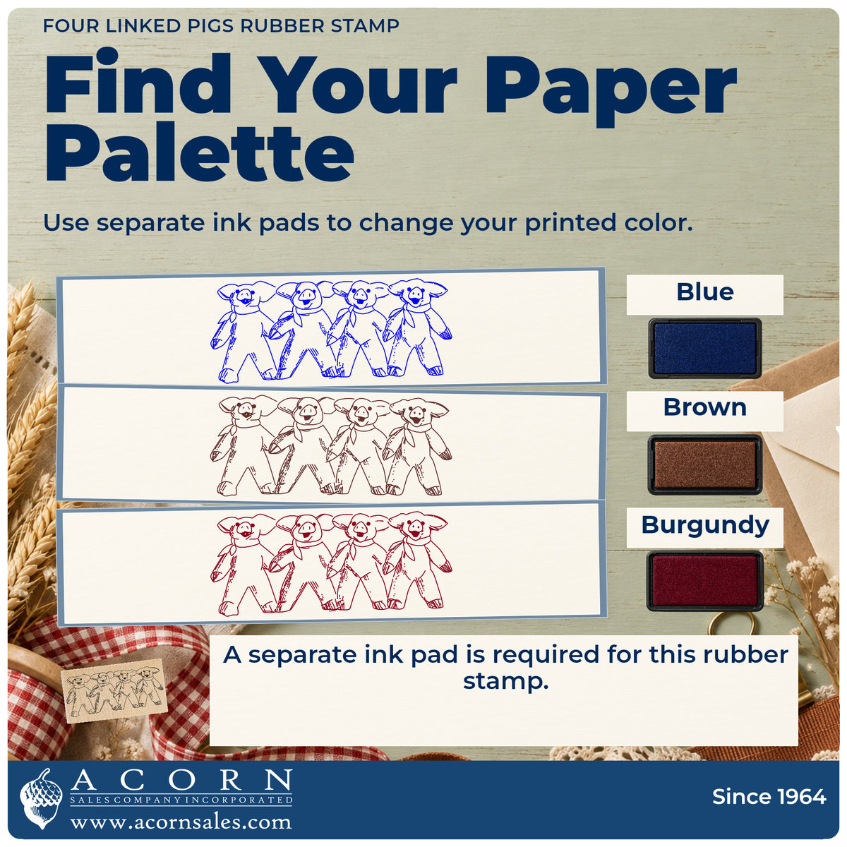 Four Linked Pigs Rubber Stamp ink-color infographic comparing three single-color impressions and a separate ink pad.