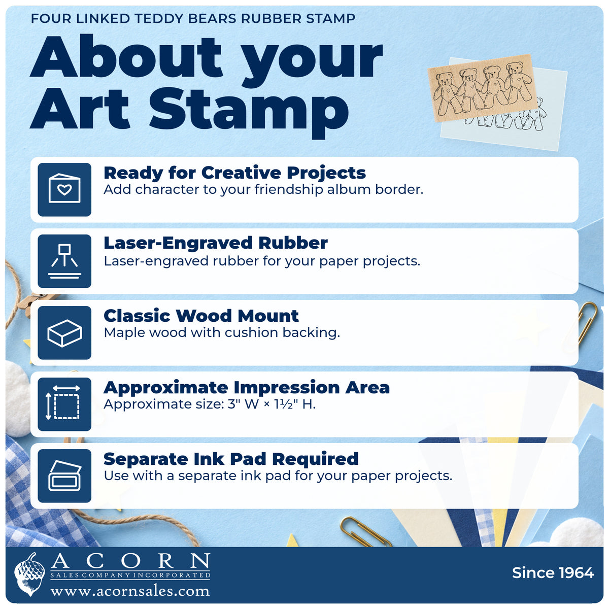 Four Linked Teddy Bears Rubber Stamp feature guide covering the wood mount, rubber construction, approximate size and separate ink pad.