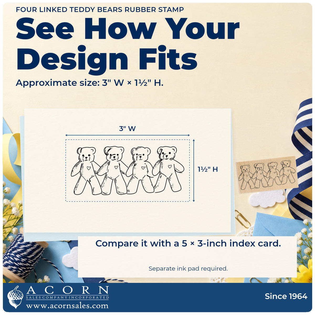 Four Linked Teddy Bears Rubber Stamp impression-size guide showing the design on a paper reference with dimension labels.