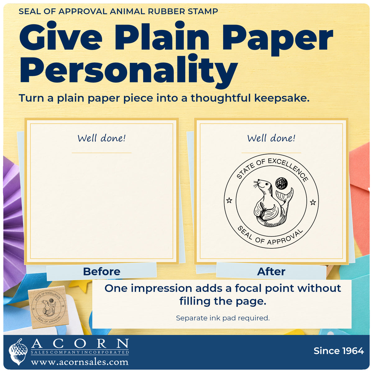 Seal of Approval Animal Rubber Stamp before-and-after infographic comparing plain paper with the stamped project.