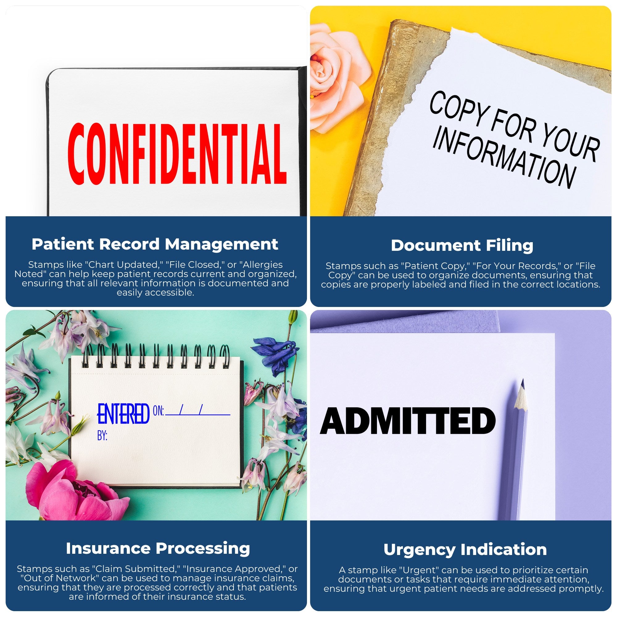 Healthcare document management infographic showing stamps for patient record management, document filing, insurance processing, urgency.