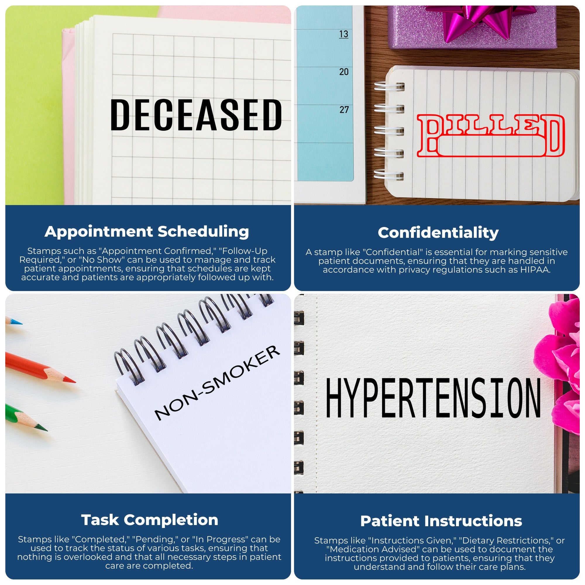 Healthcare document management collage showing appointment scheduling, confidentiality, task completion, and patient instructions stamps.
