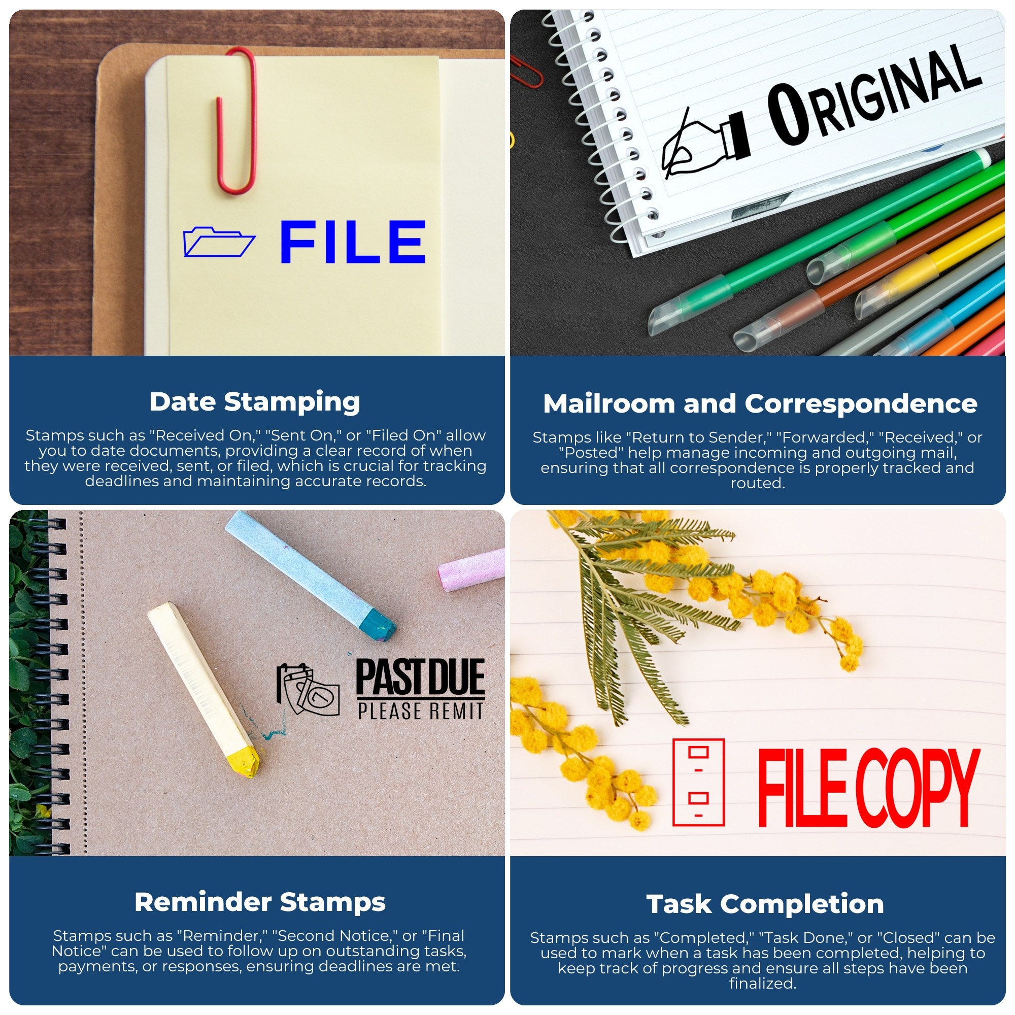 Office rubber stamps collage showing file, original, date stamping, mailroom, reminder, and file copy document stamp categories for business organization.
