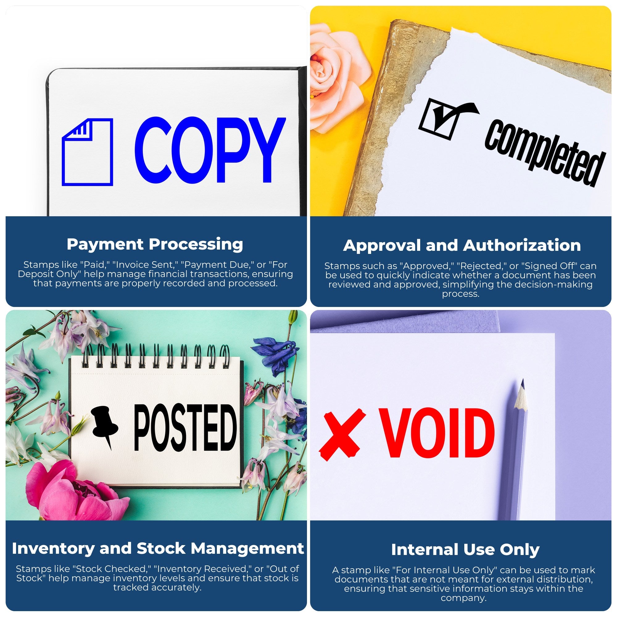 Graphic showing document control stamps for payment processing, approval authorization, inventory tracking, and internal use only.