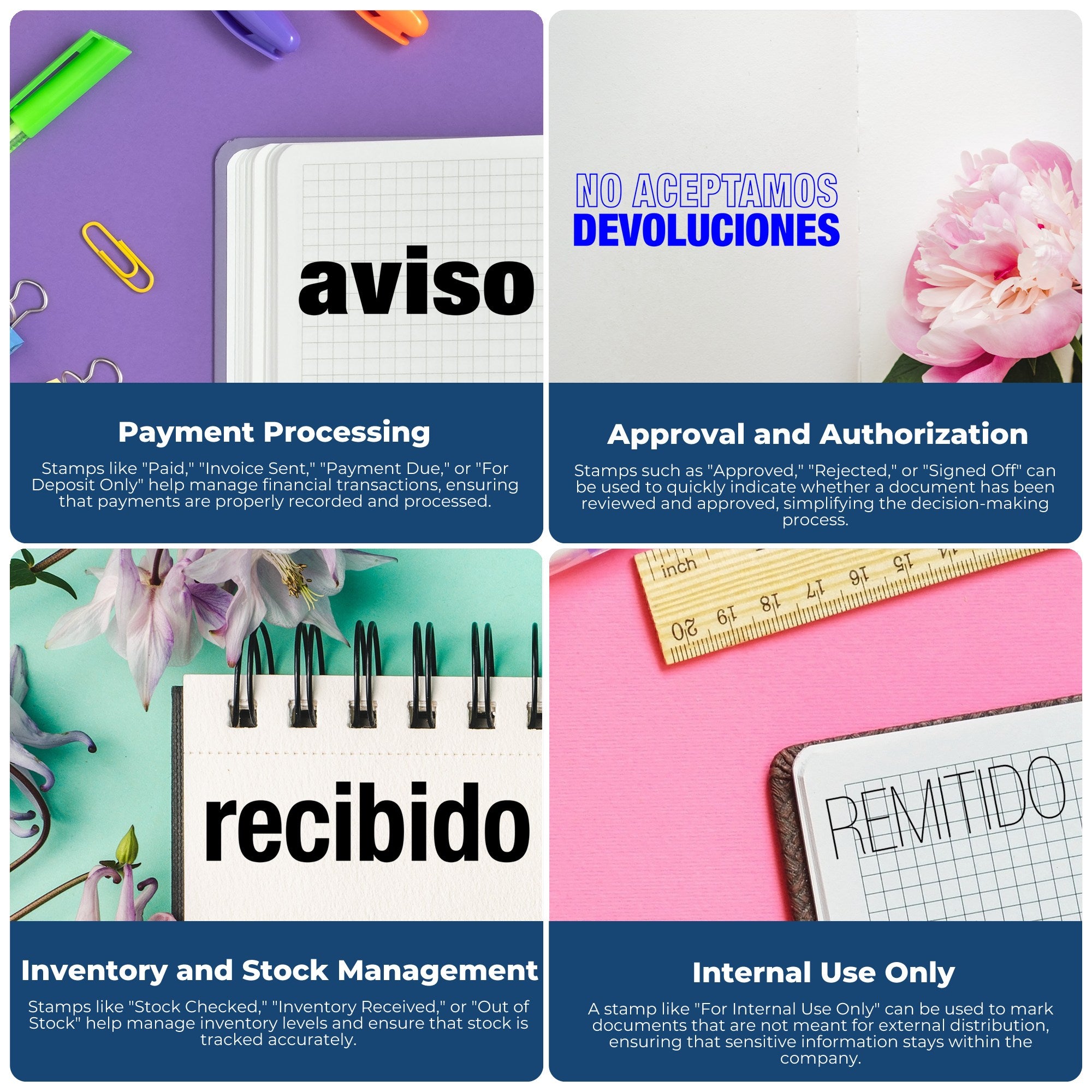 Stamped document workflow infographic showing payment processing, approval and authorization, inventory and stock management, and internal use only.