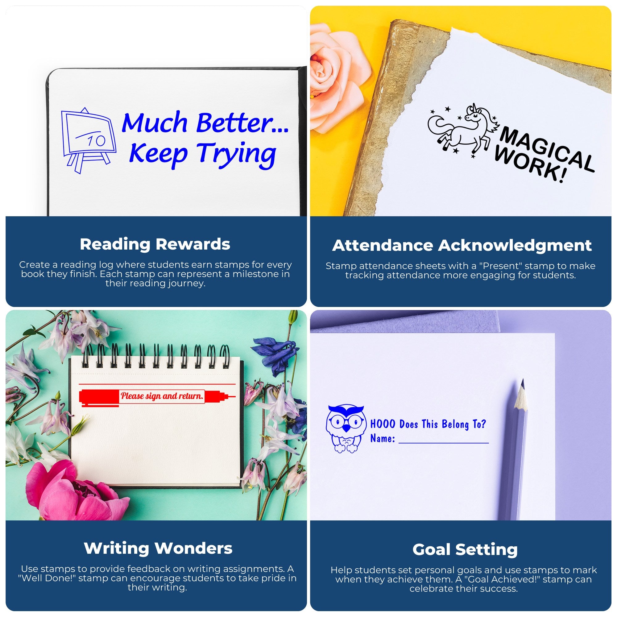 Teacher stamp ideas for reading rewards, attendance acknowledgment, writing feedback, and student goal setting in a colorful classroom collage.