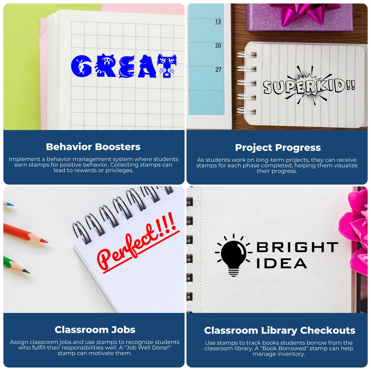 Classroom stamp reward system graphic showing behavior boosters, project progress, classroom jobs, and library checkouts.