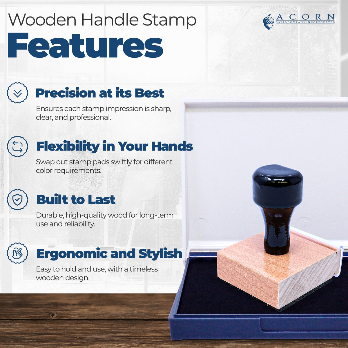 Wooden handle rubber stamp features infographic highlighting precision, interchangeable ink pads, durability, and ergonomic design.