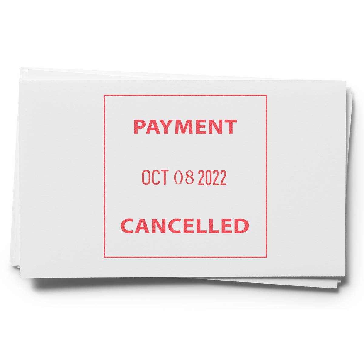 Cancelled payment stamp on a stack of white documents with date Oct 08, 2022.