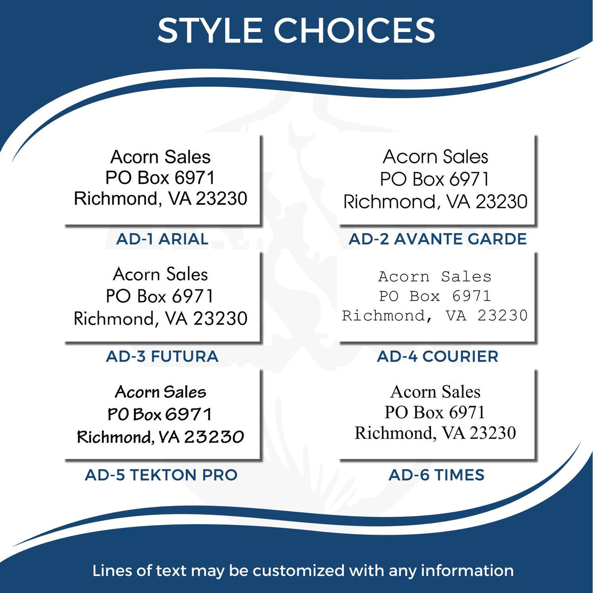 Style choices sample showing six custom address font options for Acorn Sales, including Arial, Avant Garde, Futura, Courier, Tekton Pro, and Times.