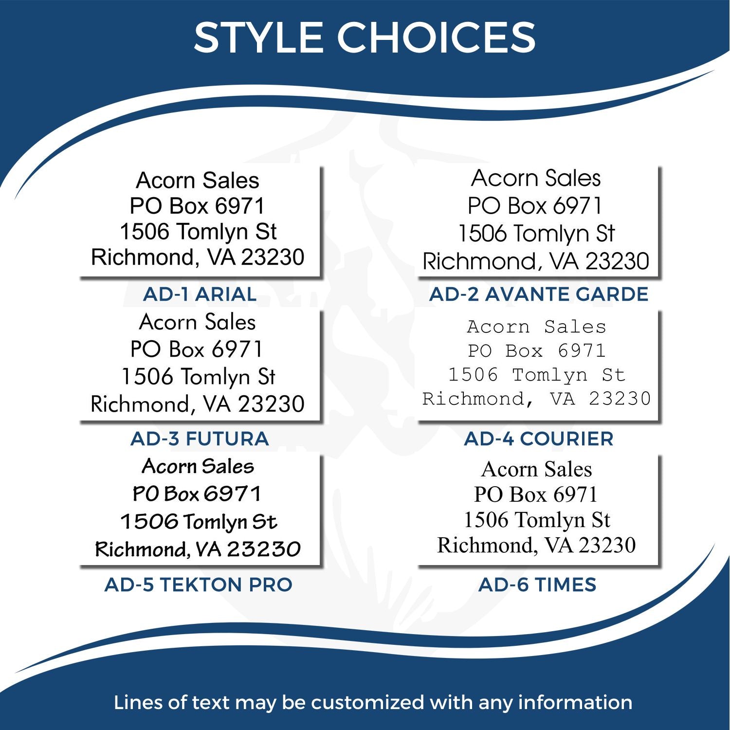 Style choices sample featuring six customizable business address label fonts for Acorn Sales, including Arial, Avant Garde, Futura, Courier, Tekton Pro, and Times.