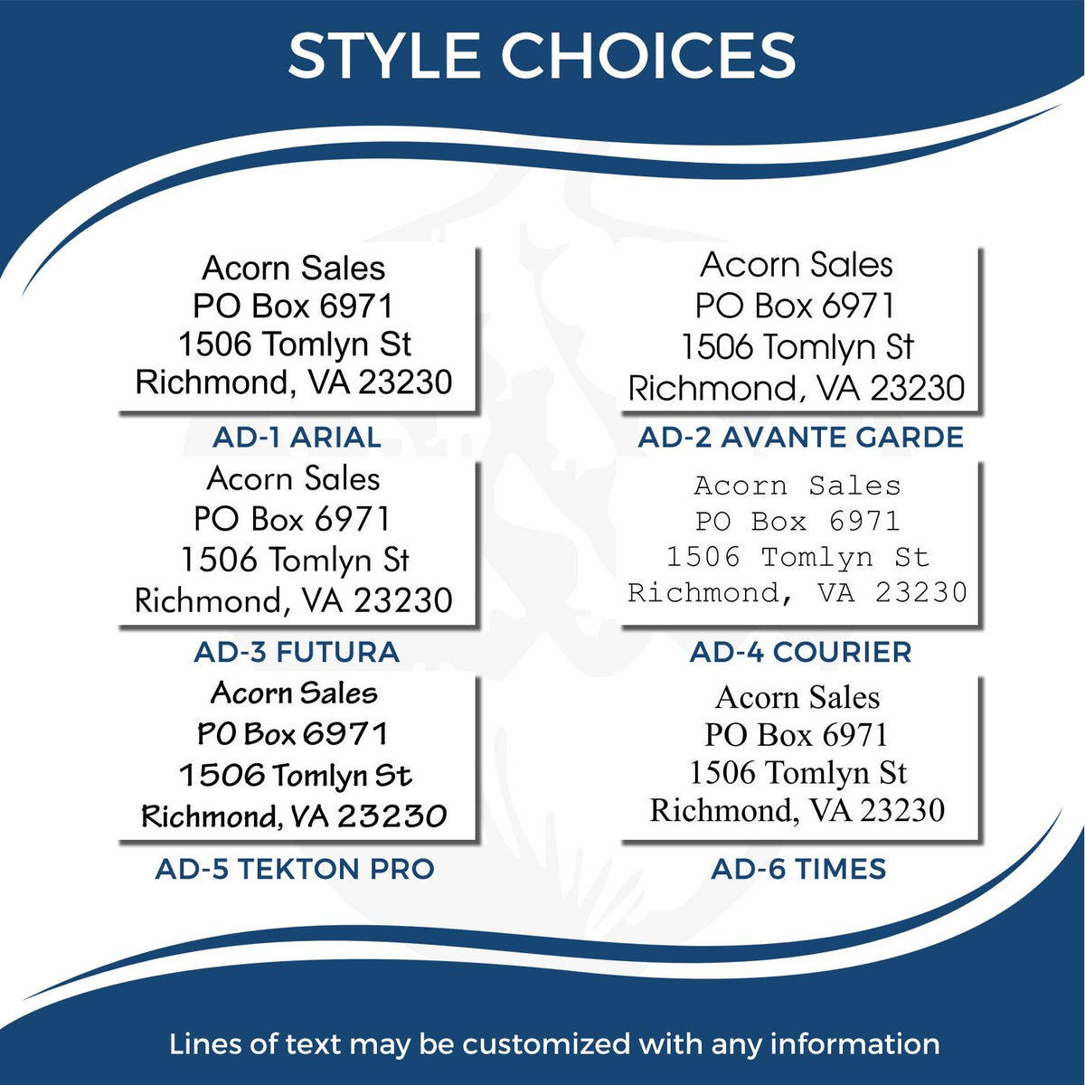 Style choices chart showing six customizable font options for business mailing address labels, including Arial, Avante Garde, Futura, Courier, Tekton Pro, and Times.
