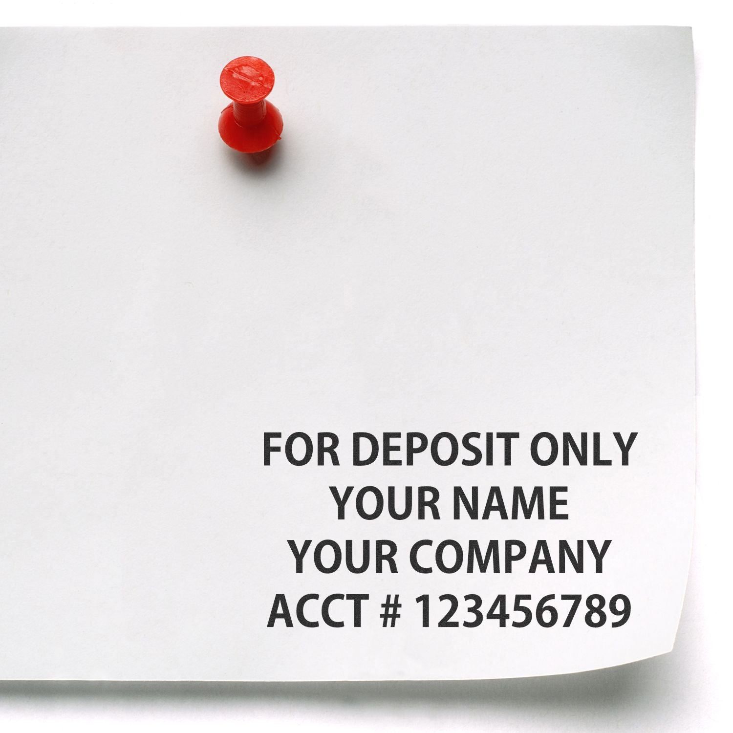 White deposit-only notice pinned with red pushpin, showing company name and account number placeholder text.