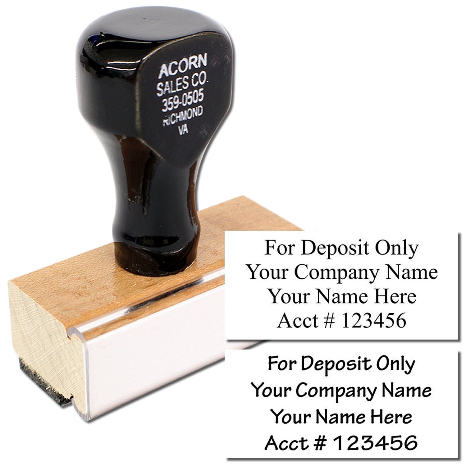 Custom bank deposit stamp for “For Deposit Only” with company name, account number, and signature endorsement text.