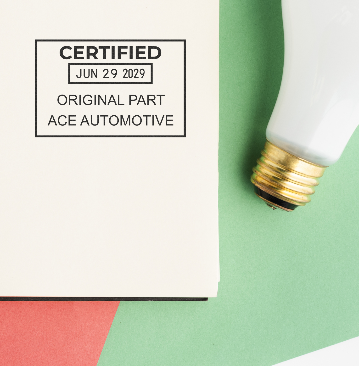 Certified original part stamp with Ace Automotive and light bulb on green background, automotive replacement part certification.