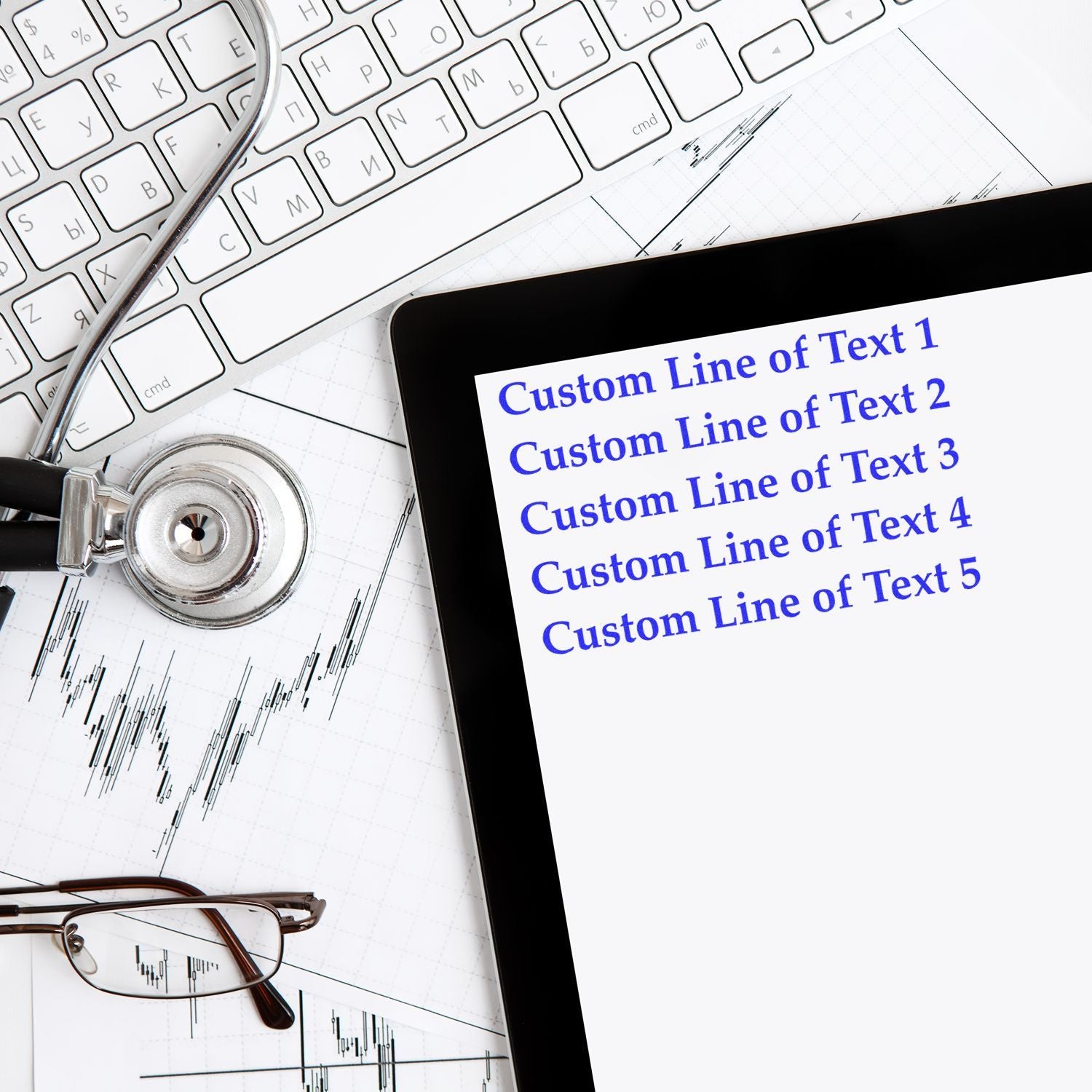 Financial trading analysis banner with candlestick charts, keyboard, and stethoscope; custom text lines for reporting template.
