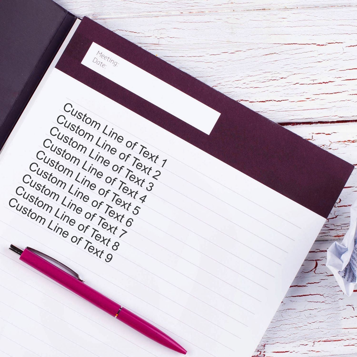 Custom line text layout in meeting planner notebook with date field and pen, for branding and template customization examples.