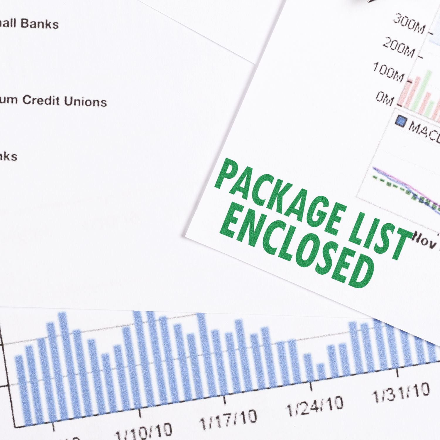 Close-up of banking report sheets with charts and numbers, featuring Package Enclosed to indicate included financial documents.