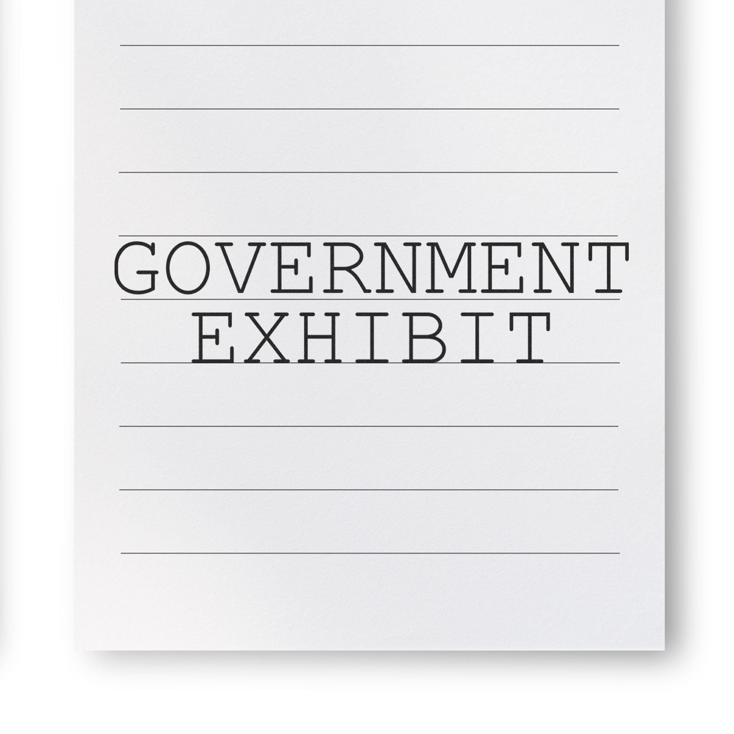 Government exhibit label graphic with GOVERNMENT and EXHIBIT lettering on a document template with ruled lines for legal filings or court evidence
