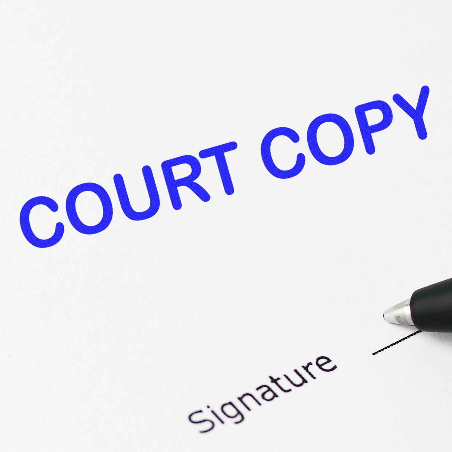 Court copy document concept with pen signing, featuring Court Copy! text on white paper for legal verification and records.