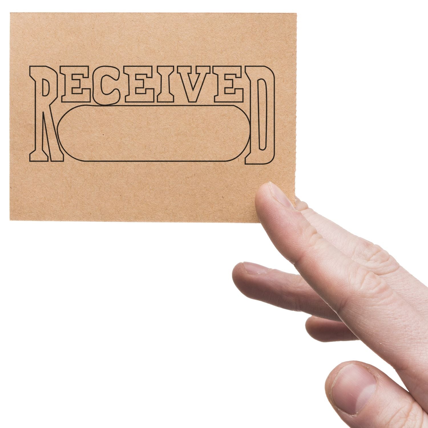 Hand pointing at kraft paper sign that says RECEIVE, highlighting delivery confirmation or receiving instructions