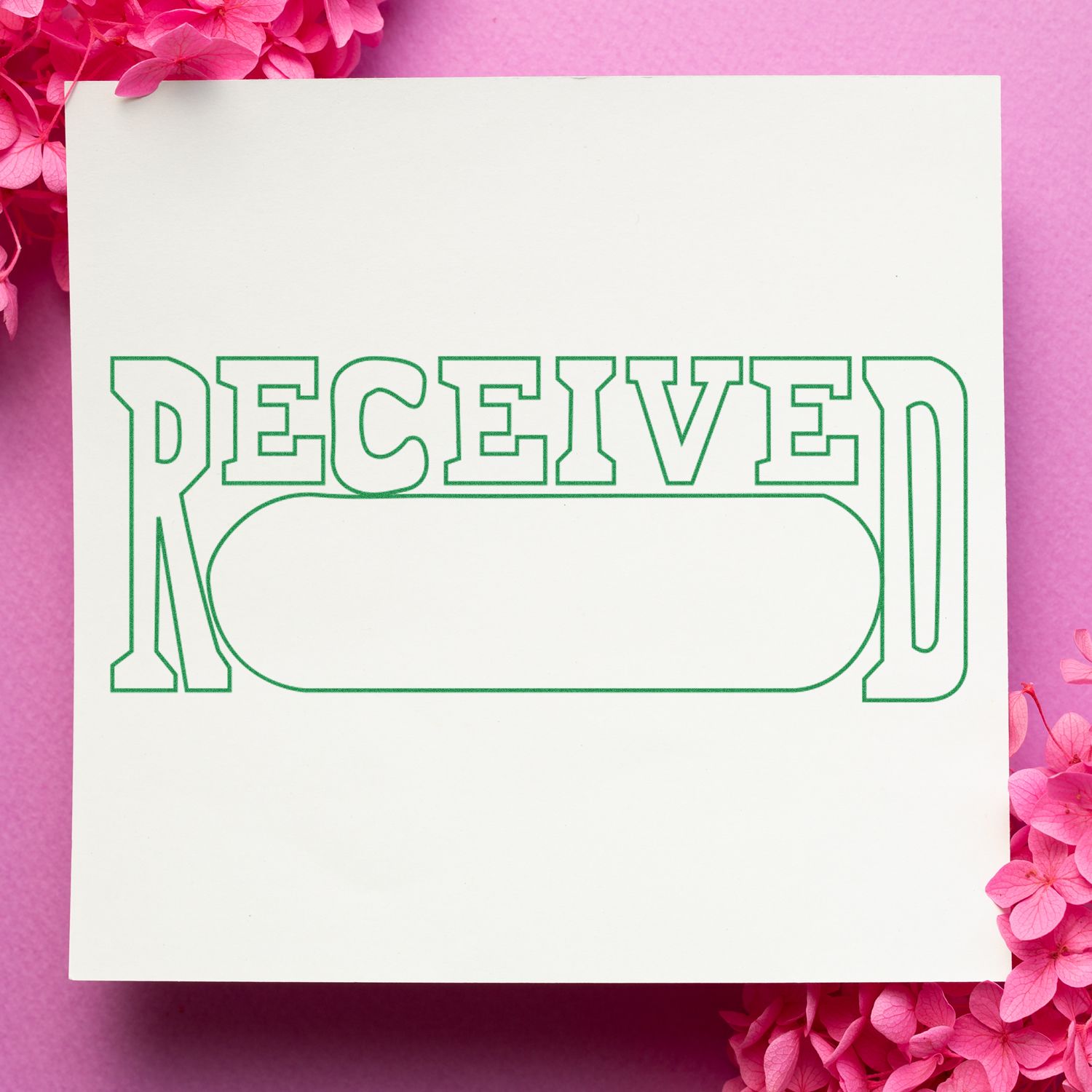 Blank invitation card template with RECEIVE lettering and empty message area, framed by pink flowers on purple background.
