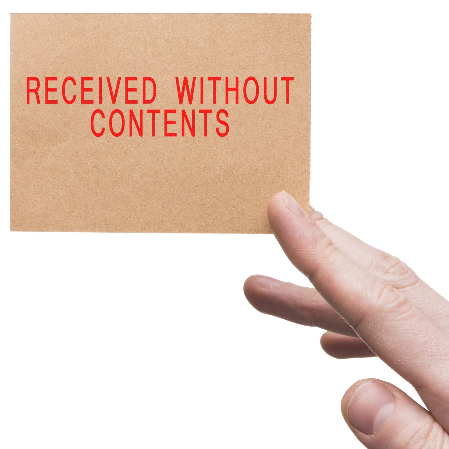 Hand points to a label reading Received Without Contents, indicating missing items in a shipment or delivery.