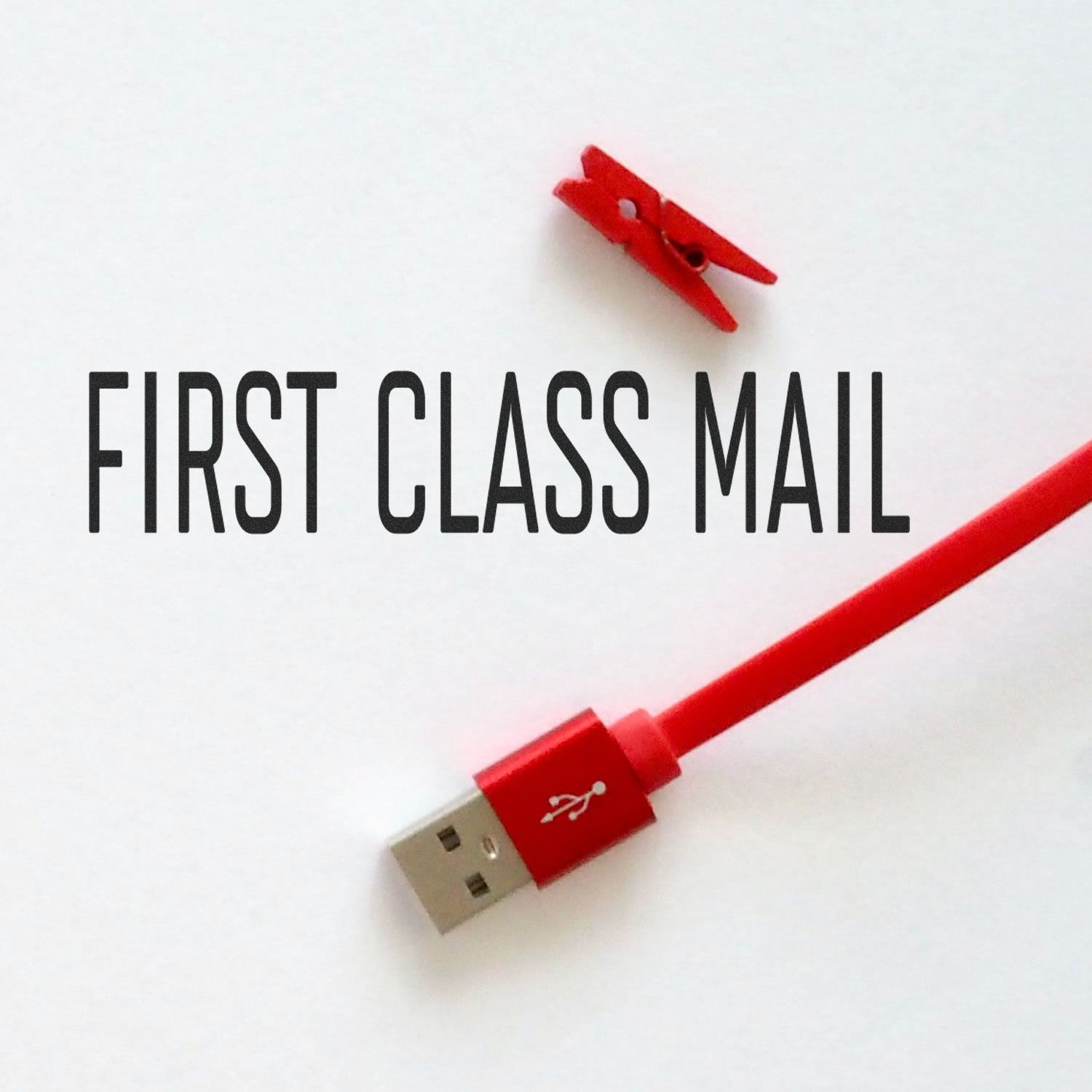 First Class Mail shipping image with red USB cable connector, promoting fast delivery service for tech accessory orders
