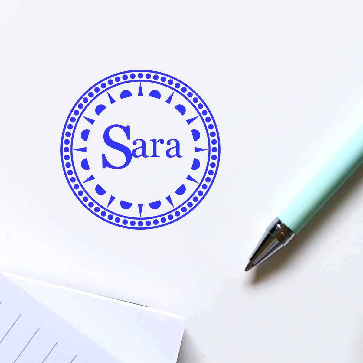 Custom Sara rubber stamp for personalized stationery, envelopes, and handmade paper goods.