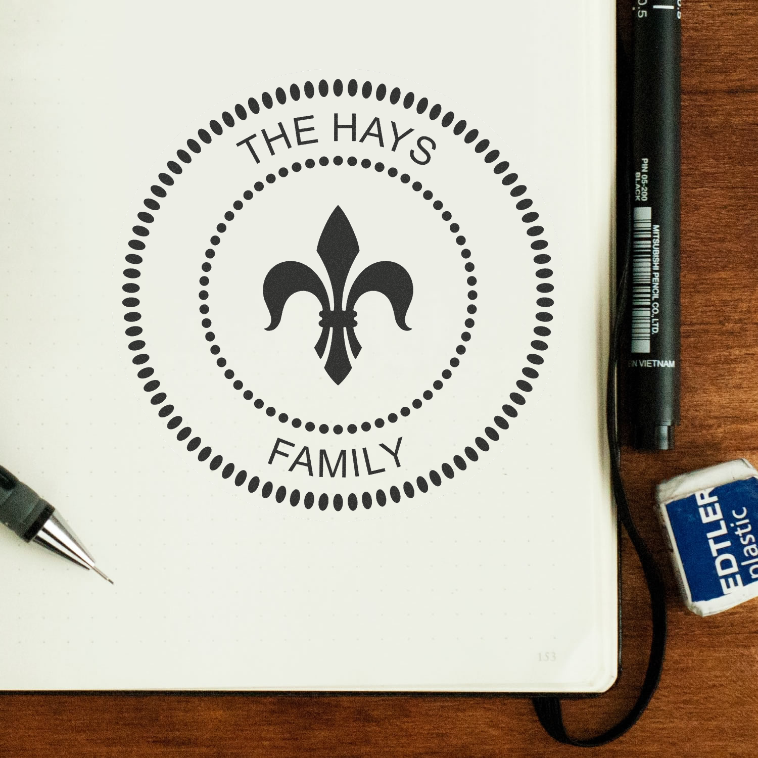 Custom Hays family fleur-de-lis monogram in a notebook, with pen and eraser on a desk for personalized branding.