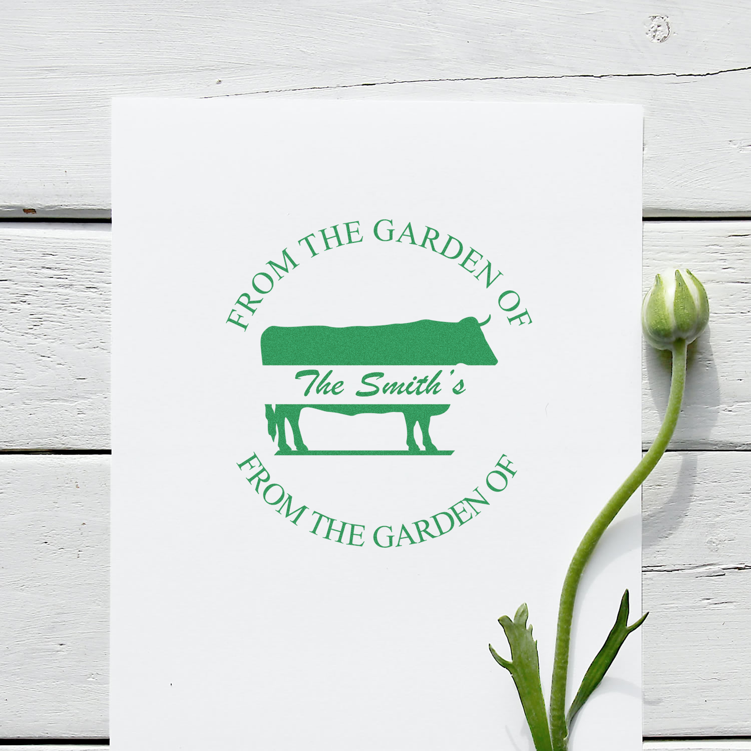 Custom garden-themed rubber stamp with personalized From the Garden of The Smiths design and cow silhouette.