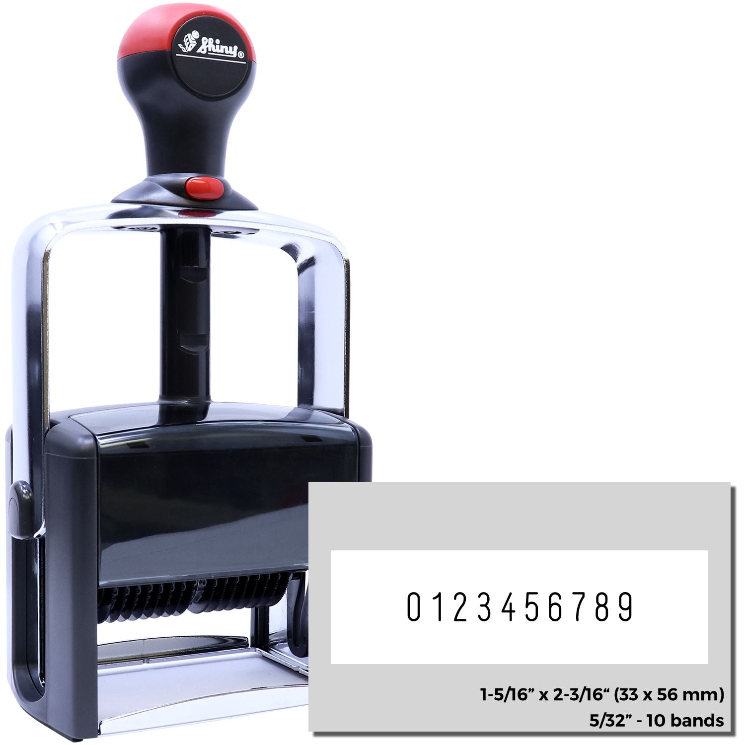 Shiny 10-band number stamper showing 0123456789; compact 1-5/16 x 2-3/16 inch label size.