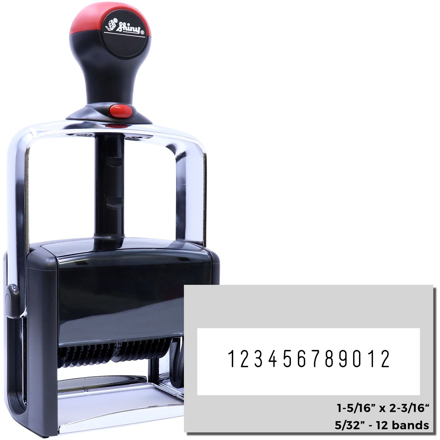 Shiny 12-band number stamping tool showing example digits 123456789012 and size 1-5/16 x 2-3/16 for marking.