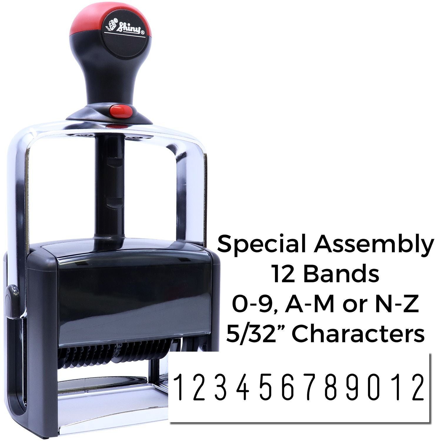 Shiny special assembly stamp with 12 bands for 0-9, AM or NZ, 5/32-inch character impressions.
