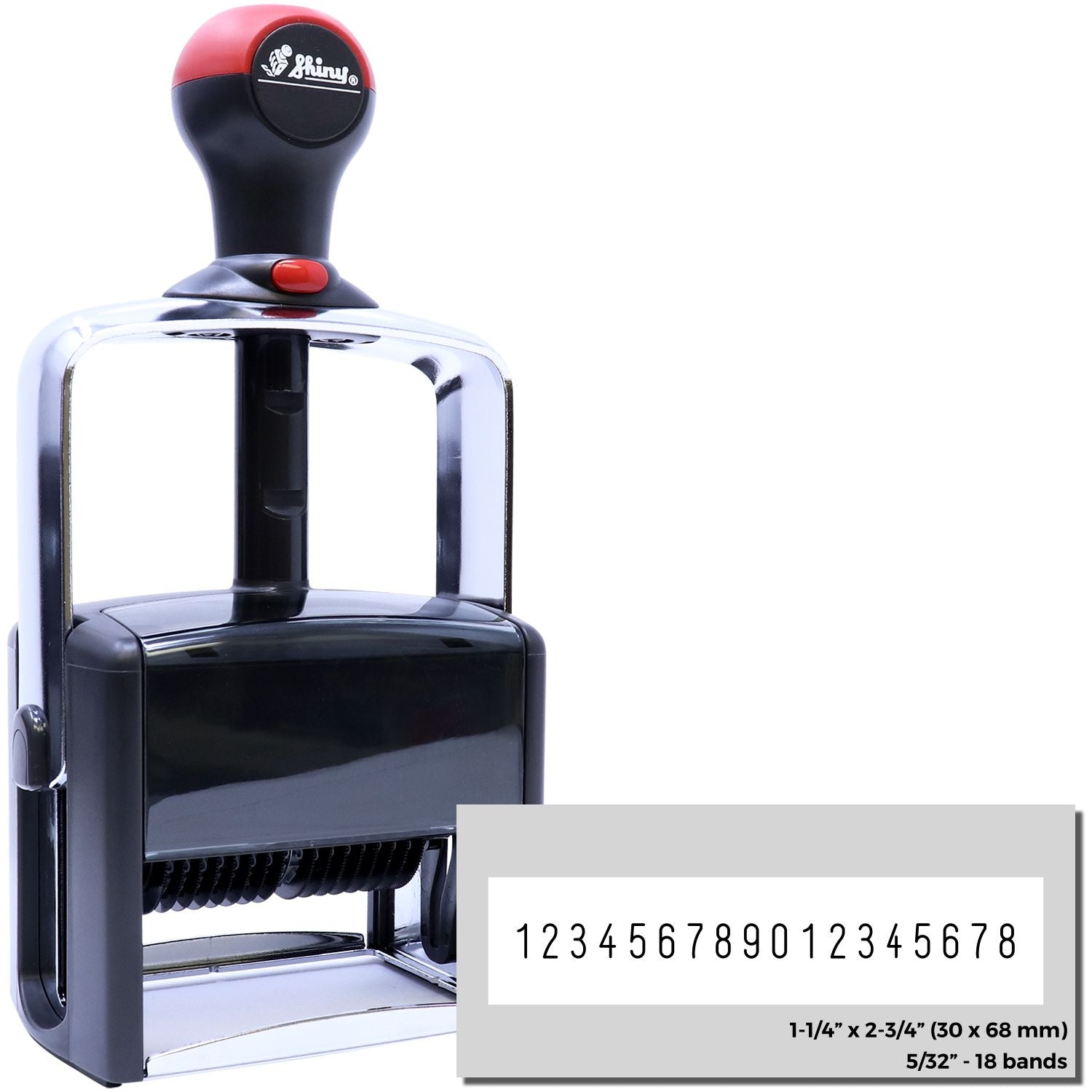 Shiny label numbering stamper showing 12345678901234567890 digits; 1-1/42-3/4 (3068mm) 5/32-18 bands size