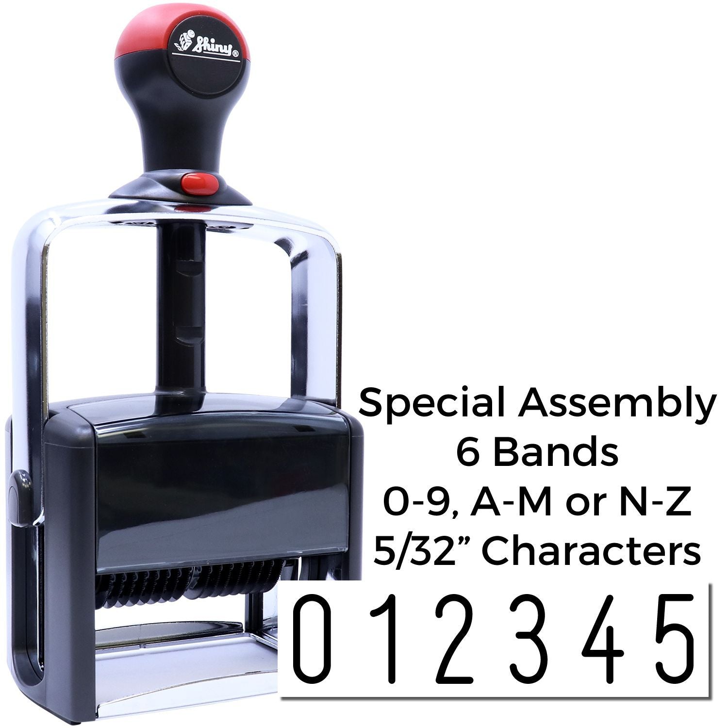 Shiny special assembly self-inking date stamp with 6 bands and 5/32-inch characters, showing 0-9, A-M, and N-Z options