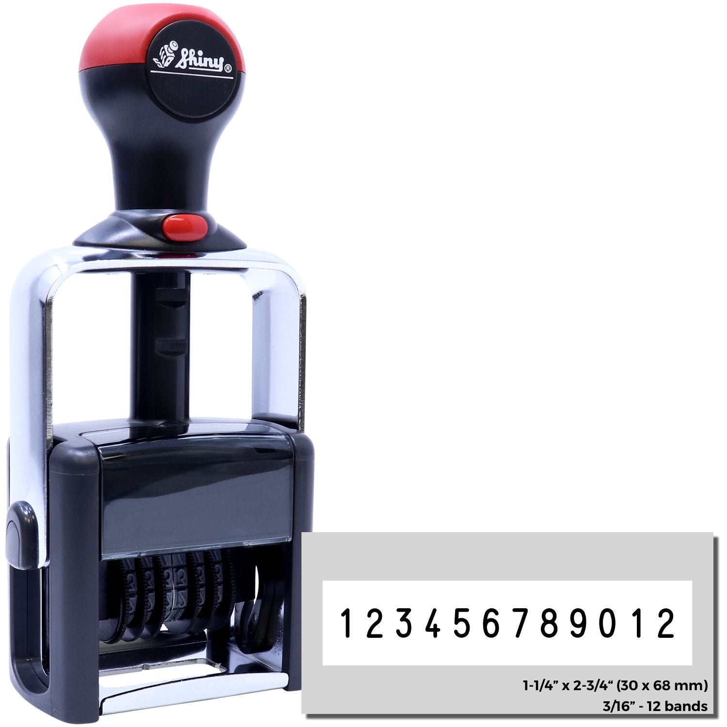 Shiny 12-band numbering stamp (1-1/4 x 2-3/4 in) prints 123456789012 for quick product labeling, cartons, inventory and shipping.