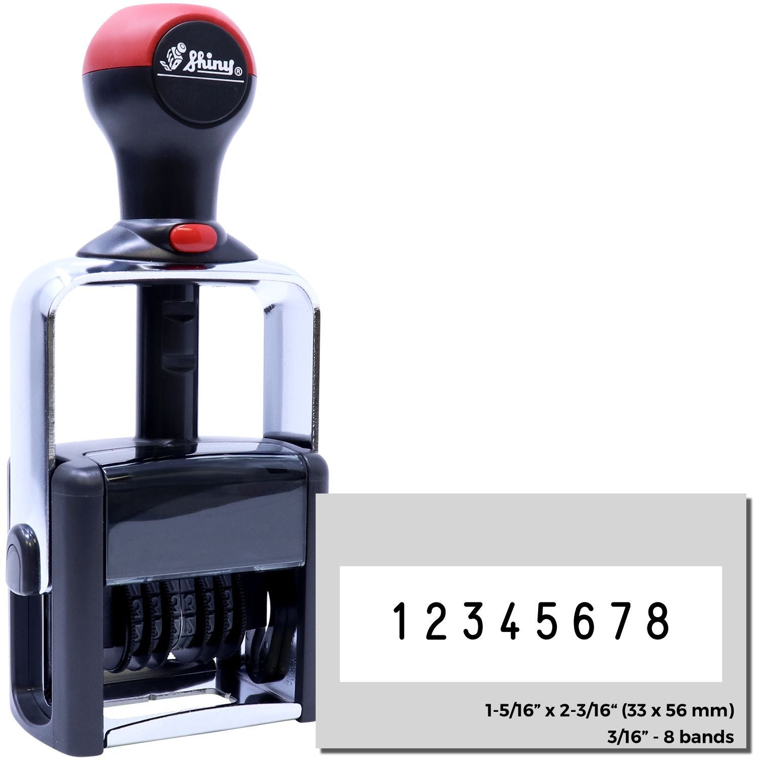 Shiny number stamp with 18 bands (33 x 56 mm) for labeling and custom date/number printing.