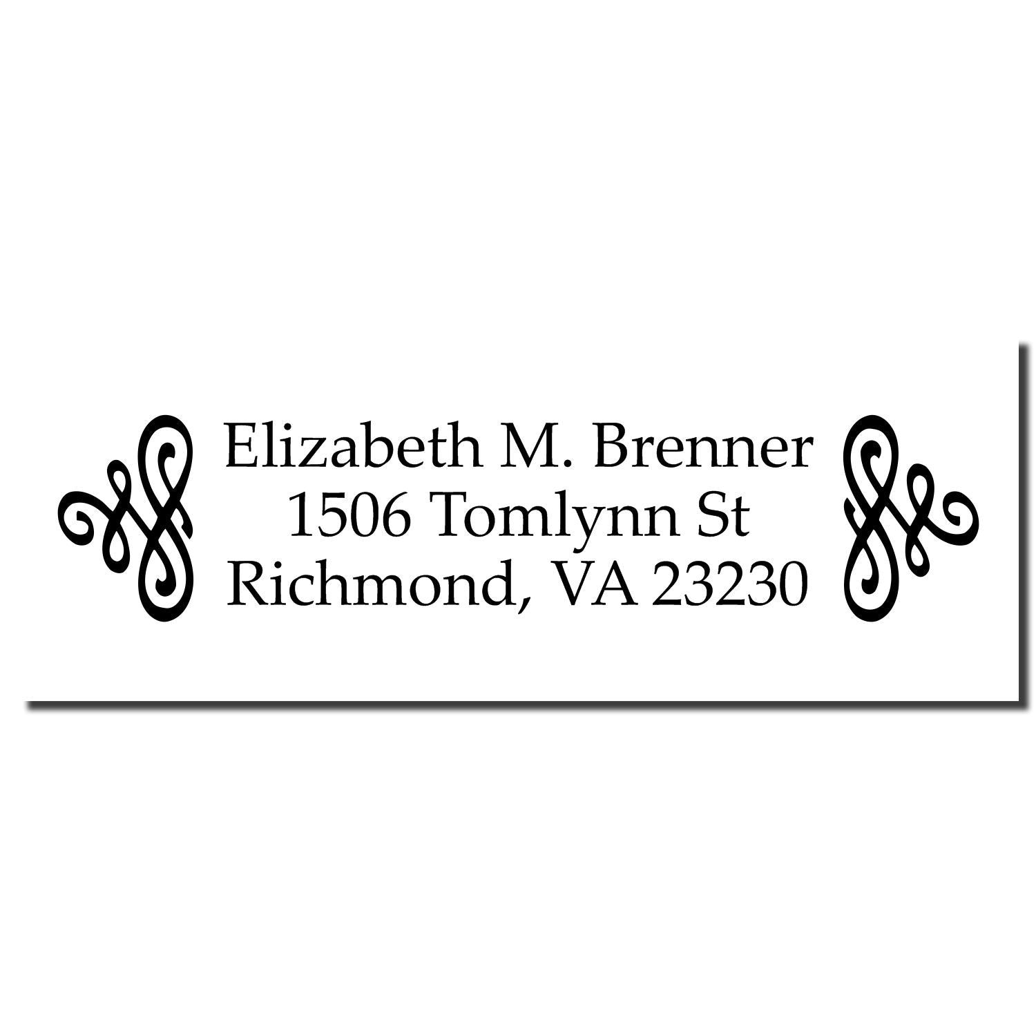 Personalized address rubber stamp with decorative monogram, featuring Elizabeth M. Brenner, Richmond, VA 23230.