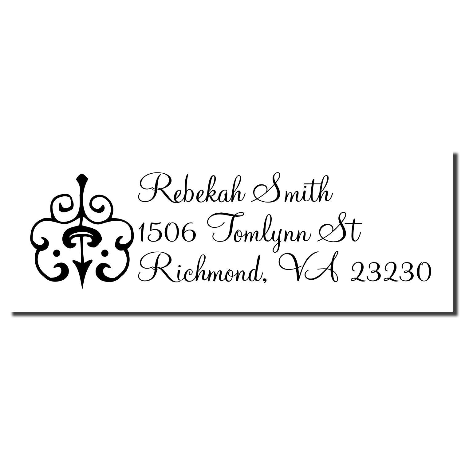Personalized return address rubber stamp with monogram for Rebekah Smith, 1506 Tomblynn St, Richmond, VA 23230.