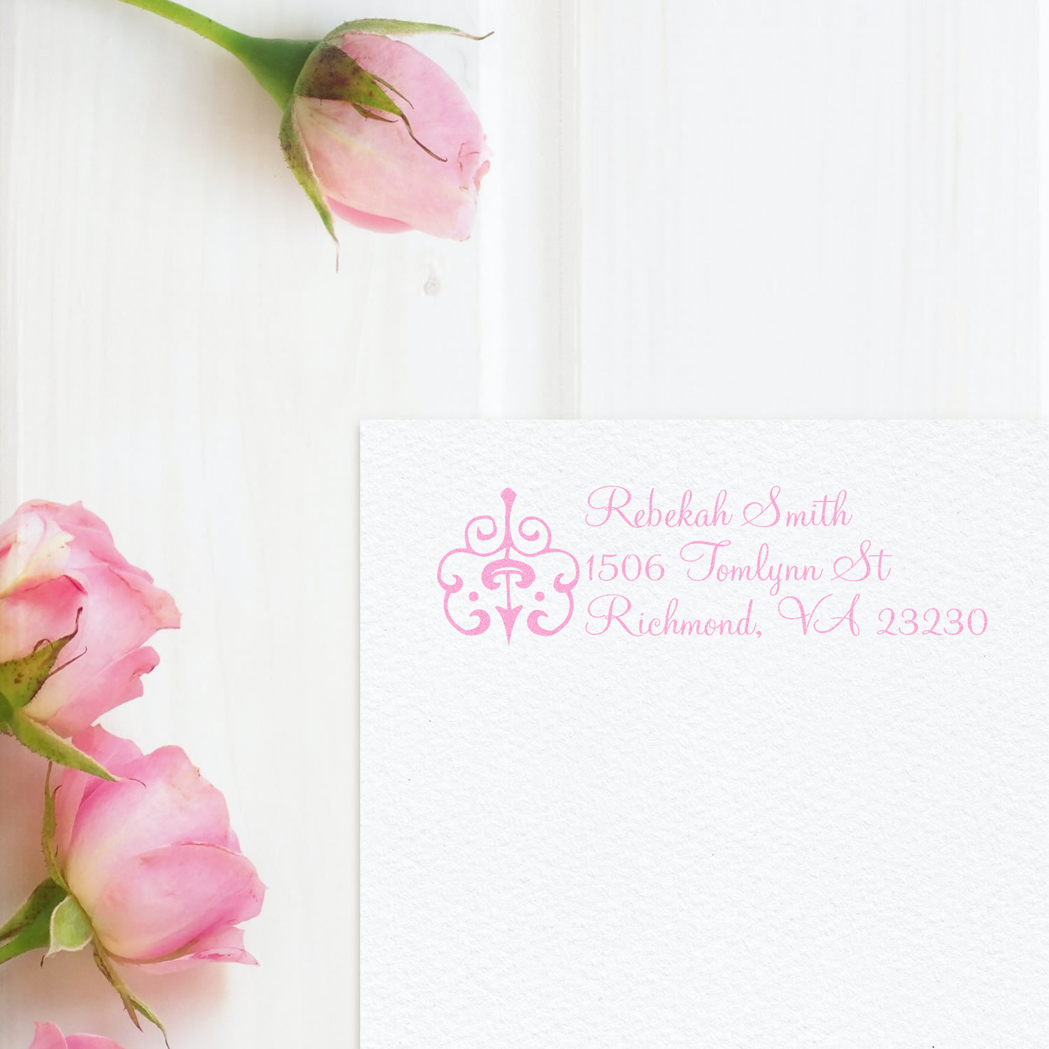 Custom pink return address rubber stamp with floral monogram for wedding invitations