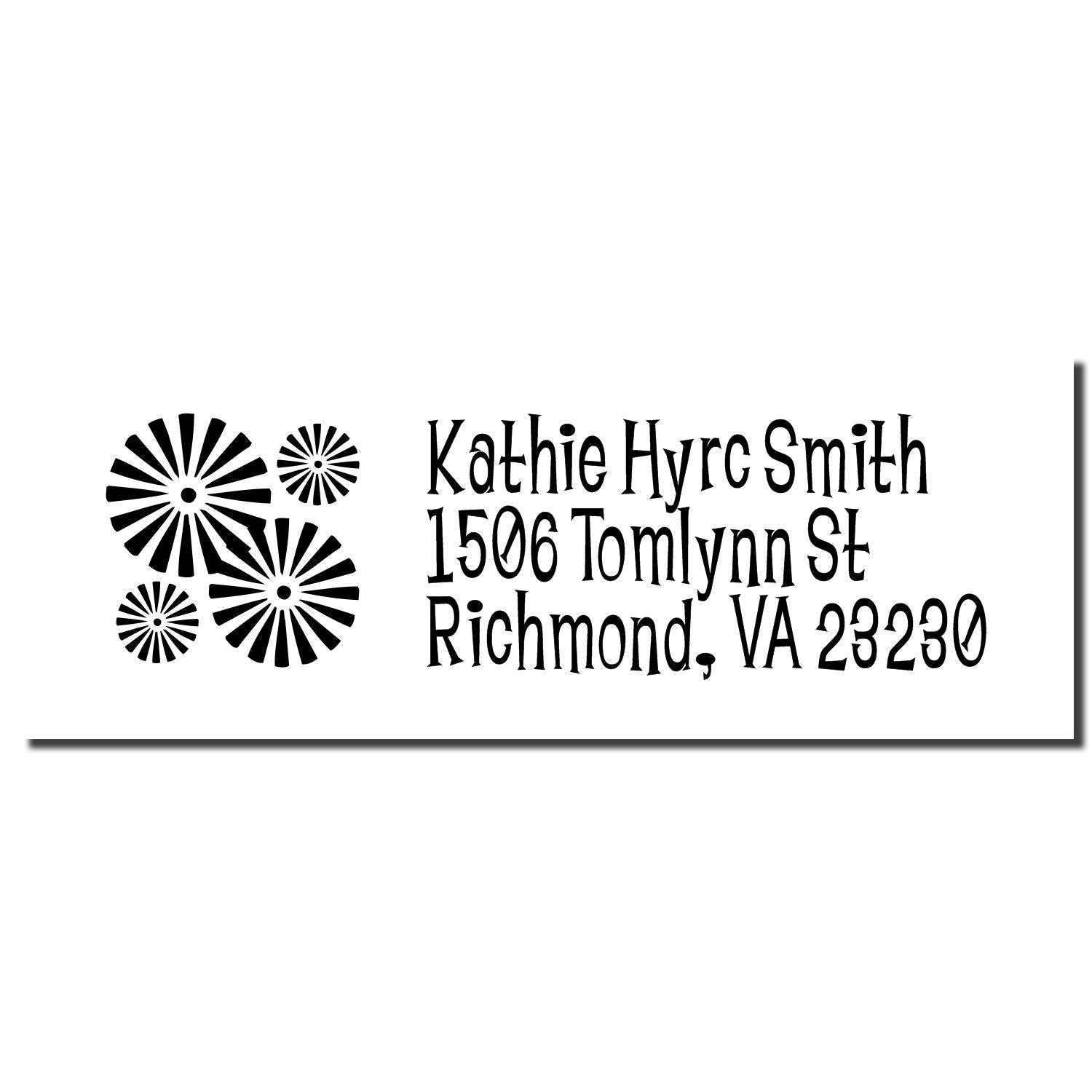 Custom return address rubber stamp with floral icons for Kathie Hyrc Smith, Richmond, VA 23230.